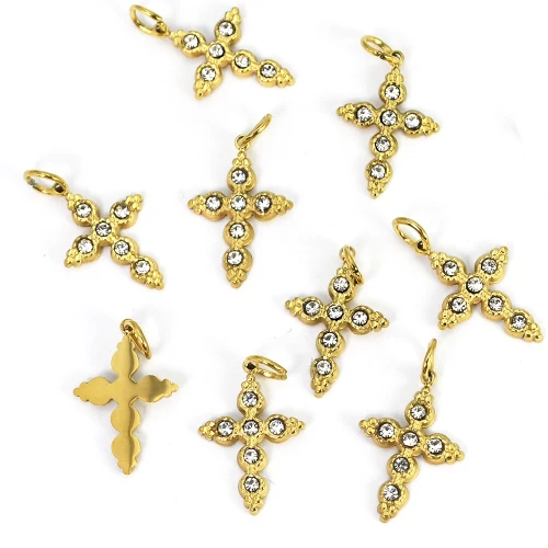 Krzyż z cyrkonią ok. 21x13mm [zawieszka, stal, złoty PVD]