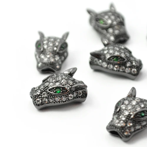 Głowa tygrysa czarna z srebrnymi cyrkoniami 15x10x8mm [przekładka, metal]