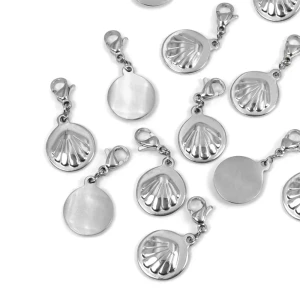 Zawieszka z zapięciem monetka z muszlą ok. 15x12mm [zawieszka, stal nierdzewna]
