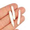 Naturalna perła w kształcie patyczka o wymiarach około 3-6x25-35 mm, o delikatnym, perłowym połysku