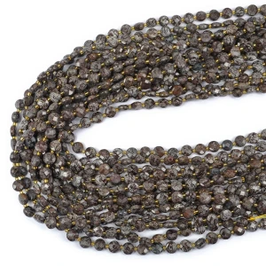 Obsydian śnieżny brązowy moneta fasetowana ok. 6,5mm